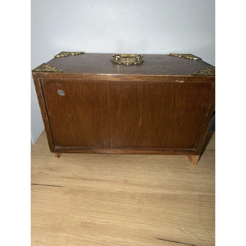 Vintage Brass Japan Tone Ornate Handles & Wood Jewelry Box Case Drawers